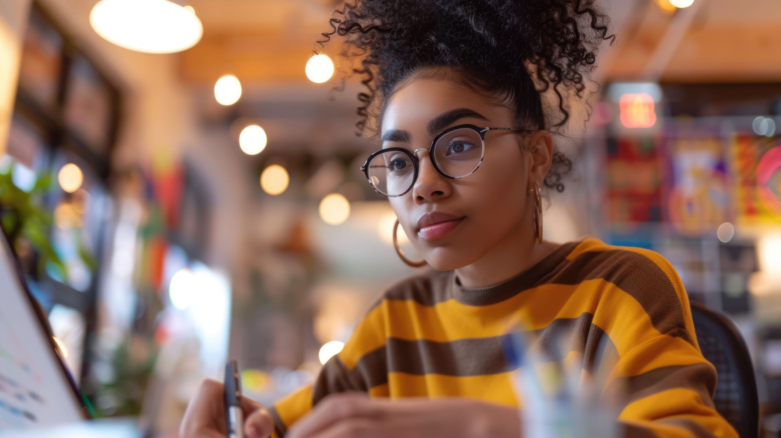 the african american female graphic designer is working inside workspace. aig43.